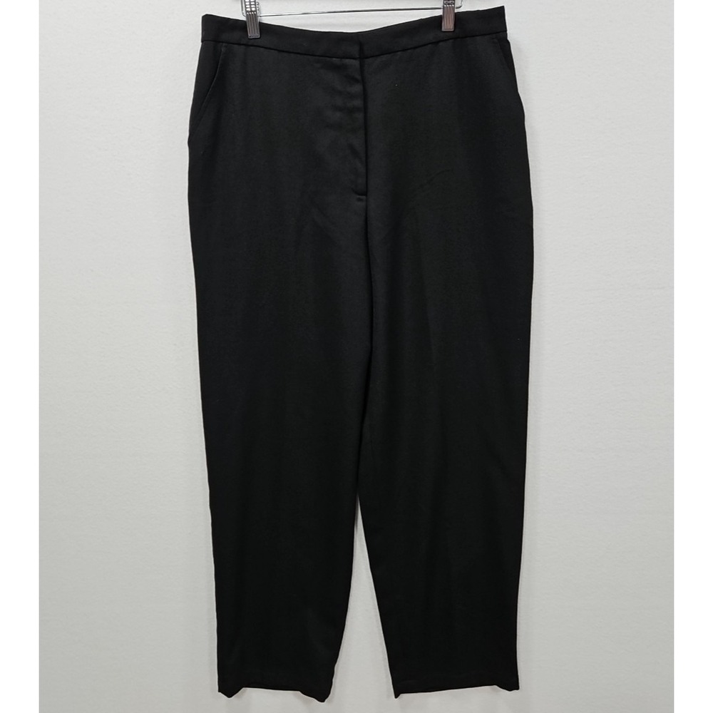 Eileen Fisher Large Black Woven Wool Crepe Straight Leg Trouser Pants‎ Pockets